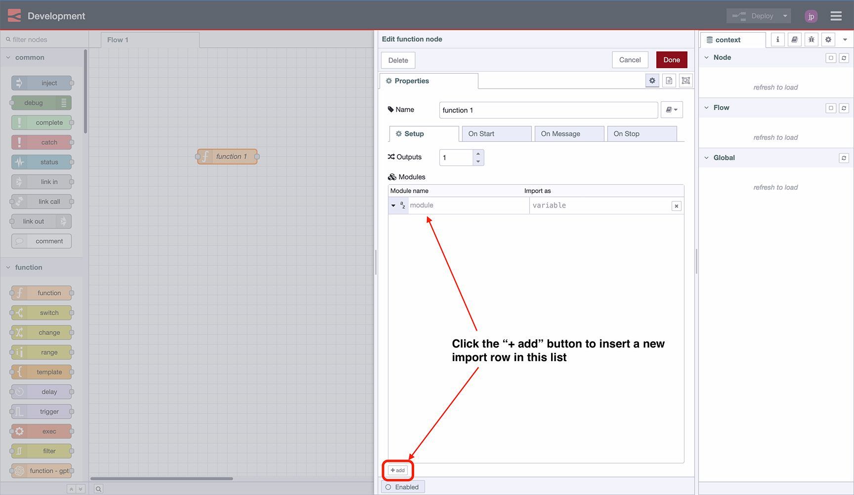 Location of the 'add' button in order to import an npm module intoa function node Location of the "add" button in order to import an npm module intoa function node