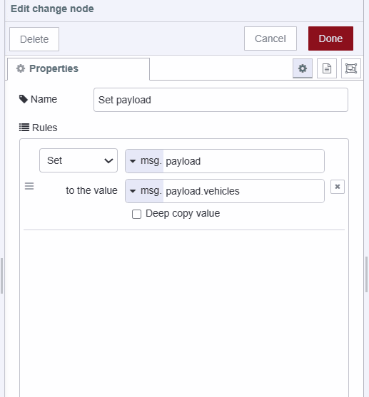 Screenshot of the Change node setting the payload to the vehicles JSON array containing actual vehicle location data Screenshot of the Change node setting the payload to the vehicles JSON array containing actual vehicle location data