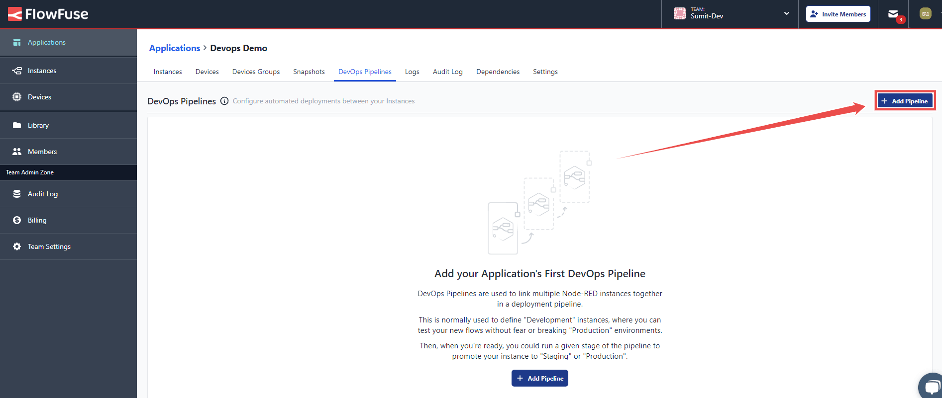 Screenshot of the FlowFuse dashboard with the 'Add Pipeline' button highlighted at the top-right corner