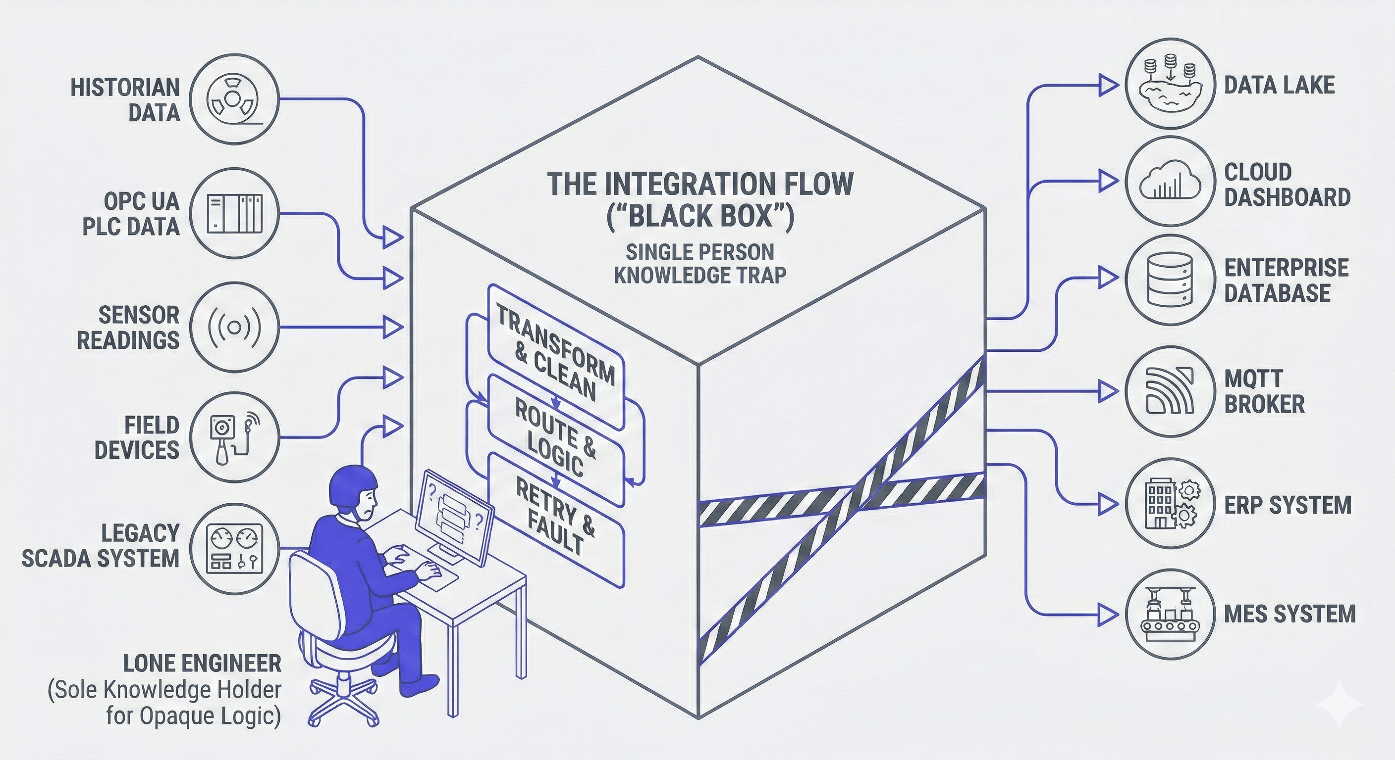 "Illustration of an integration flow acting as a black box between PLCs, databases, and dashboards, highlighting that knowledge about the connections is concentrated in a single person."