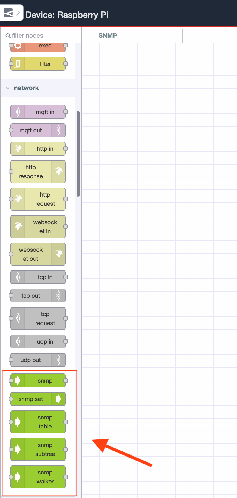 SNMP nodes available in the Node-RED palette after installing node-red-node-snmp