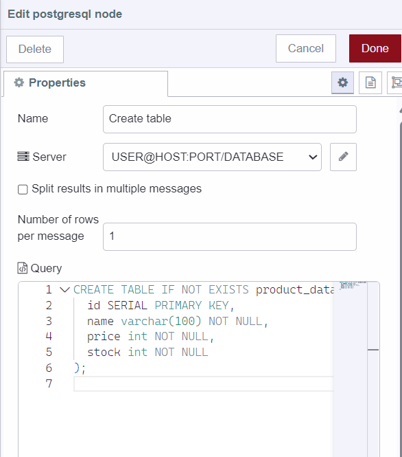 "Creating table for product data"
