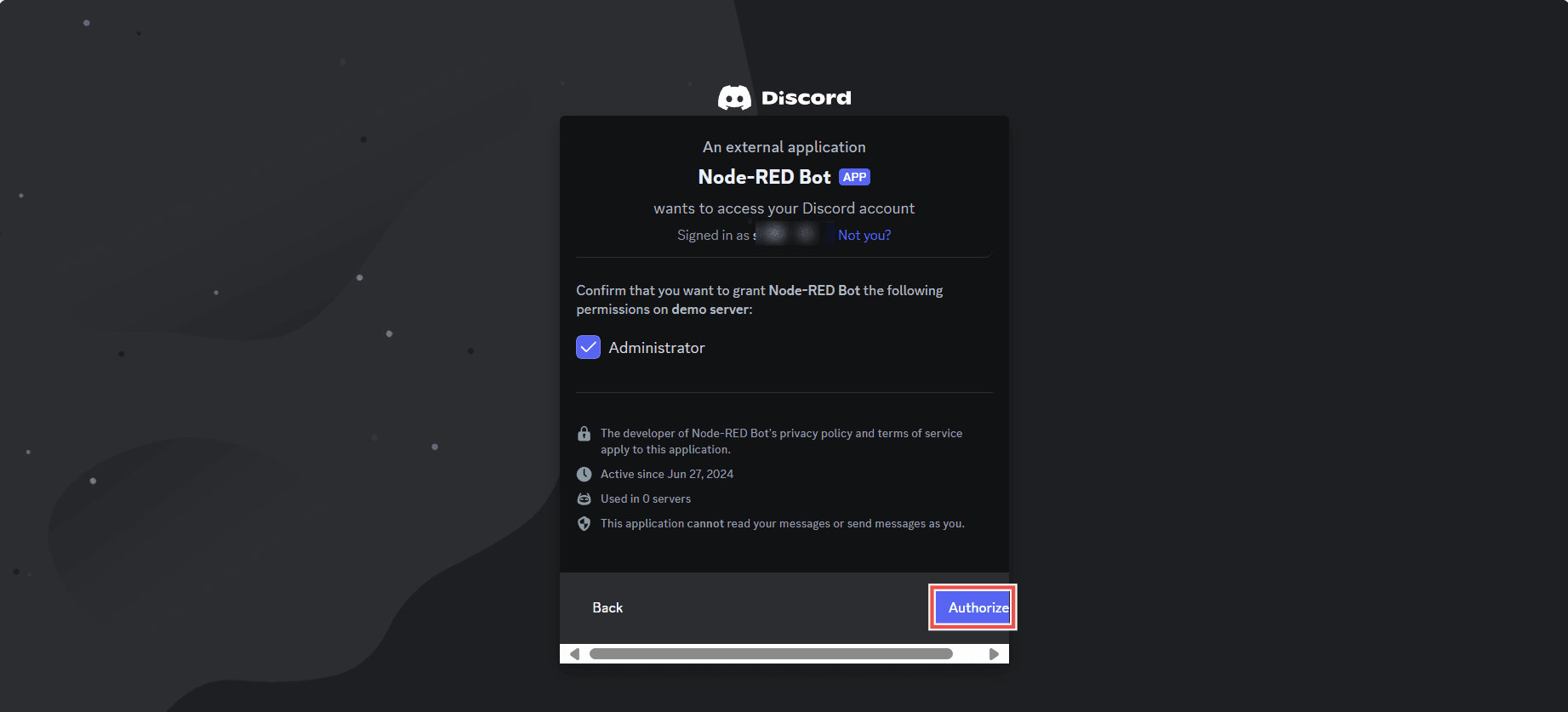 Screenshot showing conformation discord popup asking to conform the permission should be given to bot into server "Screenshot showing conformation discord popup asking to conform the permission should be given to bot into server"
